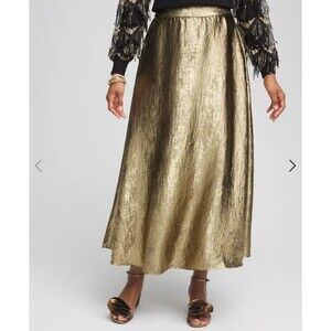 Chicos NWT Metallic Satin Maxi Skirt Gold Lame Sz Chicos 2 (US 12) A Line